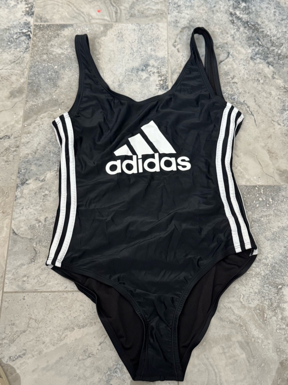 adidas Black One-Piece Swimsuit with White Logo and Stripes